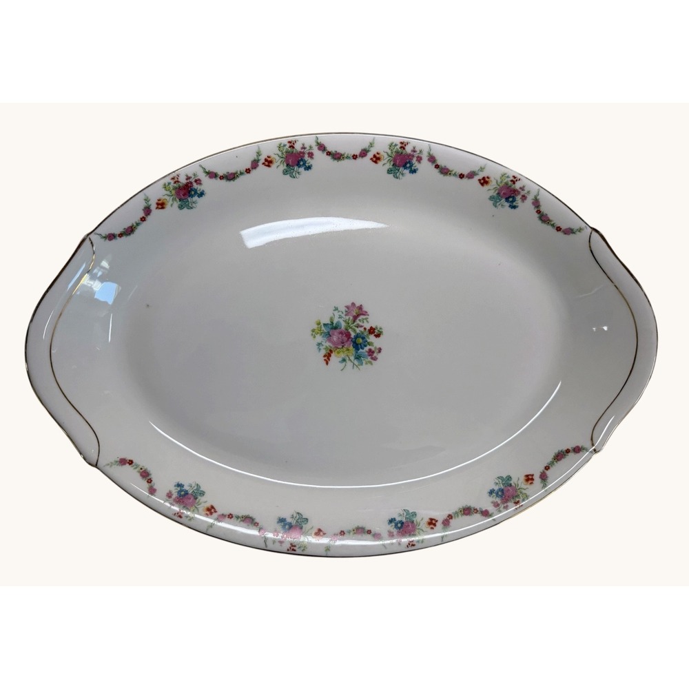 Vintage Warwick China Floral Oval Serving Platter 15.5" Gold Trim USA